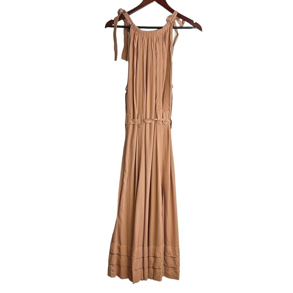 Ulla Johnson Joni Halter Poplin Midi Dress in Clay Size 12 Belted Tie Sleeve - Picture 7 of 10